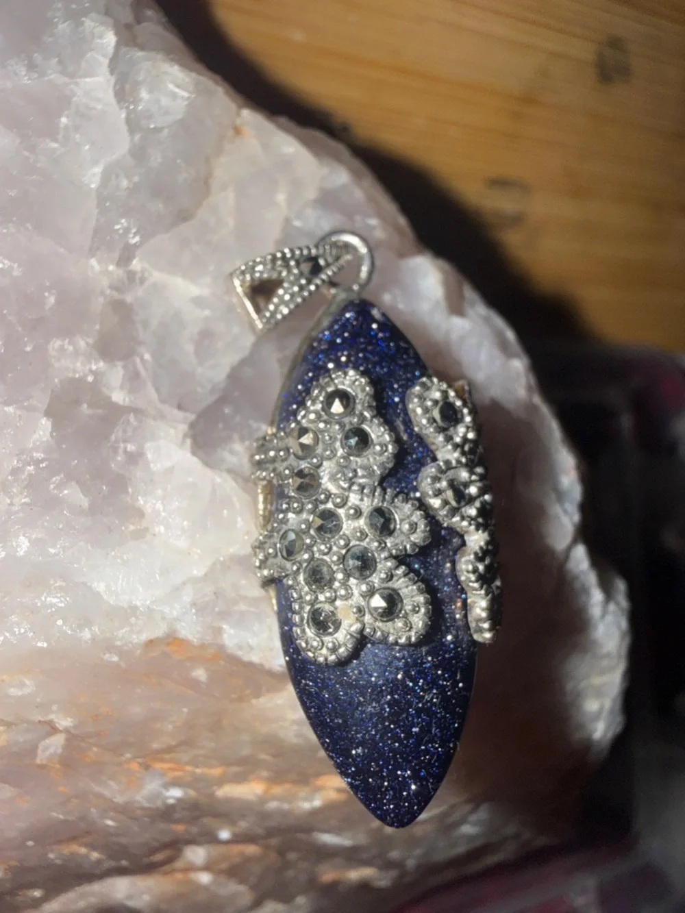 Vintage Sterling Silver Marcasite Blue Goldstone Pendant